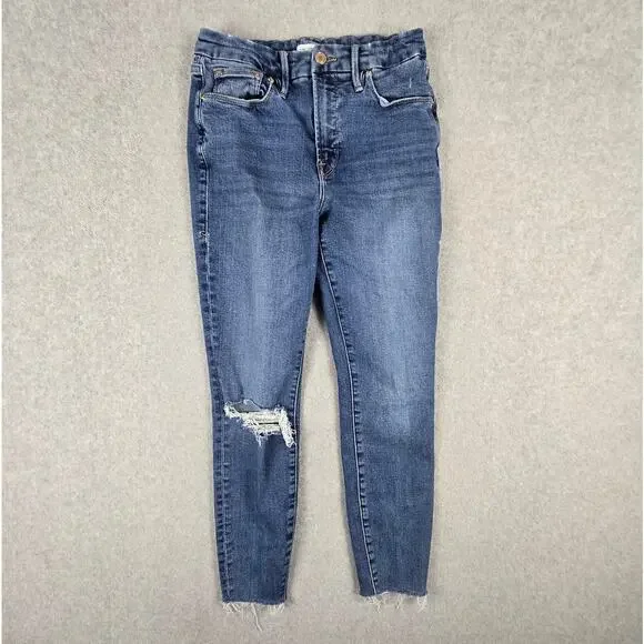 Good American Jeans Womens Size 6/28 Skinny Distressed Knee Frayed Hem 26" Waist - Picture 1 of 16